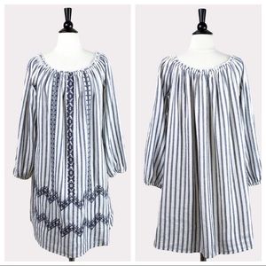 Mystree | Blue Cotton Striped Embroidered Dress